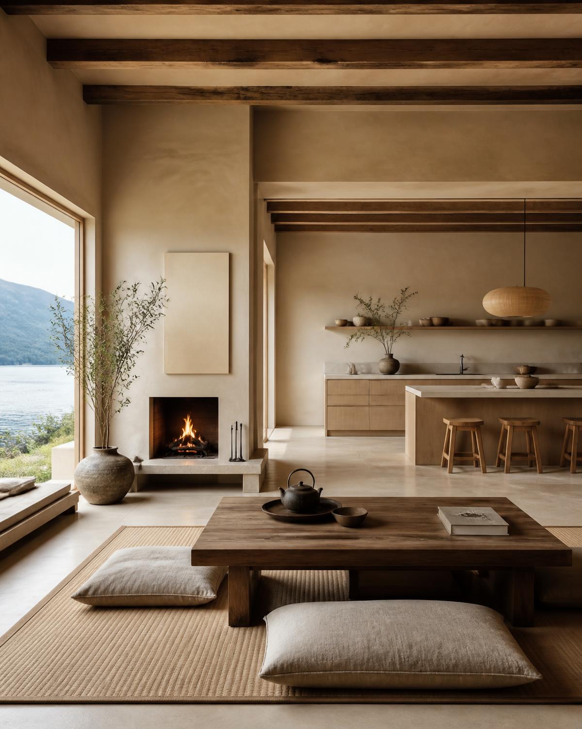 Salón con cocina abierta, chimenea y mesa tatami en Areia