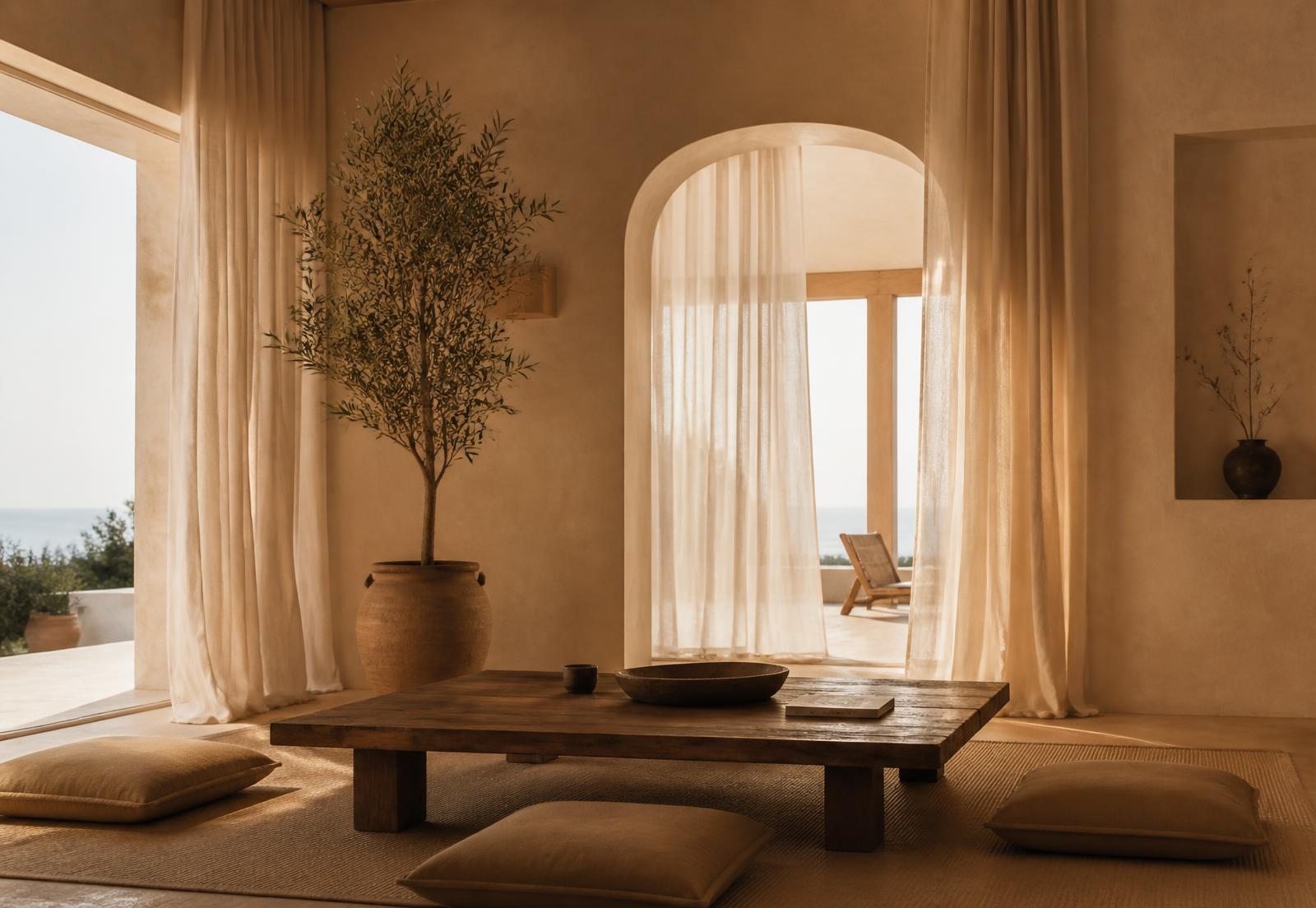 Interior sereno de Areia al atardecer, con cortinas de lino y mesa tatami